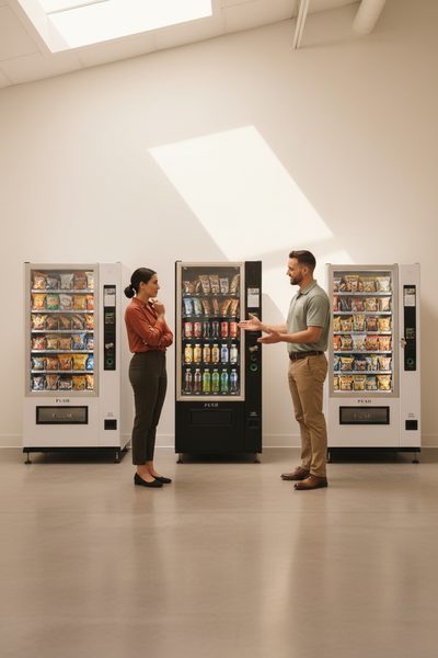 Two people talking in front of a row of new vending machines in a bright showroom