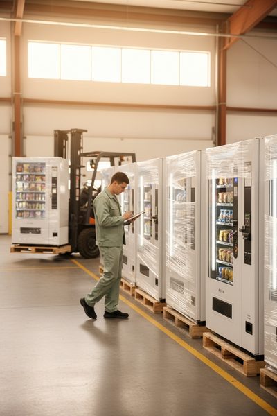 Forklift lifting a pallet of wrapped vending machines in a warehouse while a worker walks alongside with a tablet