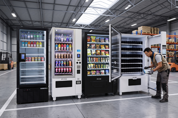 Row of drink and snack vending machines in a warehouse, one with its door open, a worker checking it with a handheld scanner