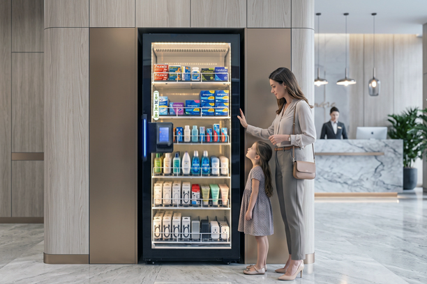 Customer and child buying from a lit glass-front vending machine in a lobby