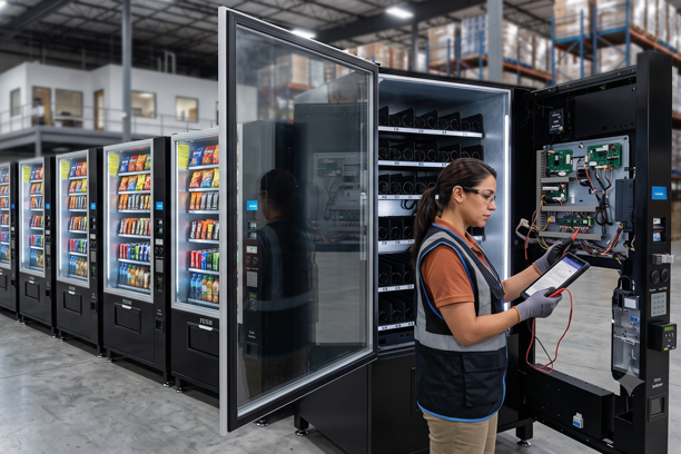 Technician in a hi-vis vest working inside an open vending machine cabinet, tablet in hand, wiring and control gear exposed